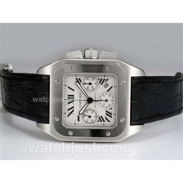 Cartier Santos 100 Chronograph Swiss Valjoux 7750 Movement with White Dial