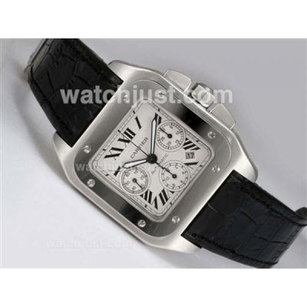 Cartier Santos 100 Chronograph Swiss Valjoux 7750 Movement with White Dial