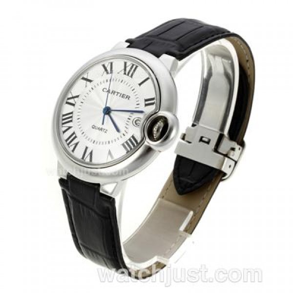 Cartier Ballon bleu de Cartier Roman Markers with White Dial-Leather Strap