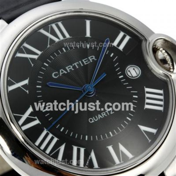Cartier Ballon bleu de Cartier Roman Markers with Black Dial-Leather Strap