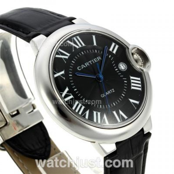 Cartier Ballon bleu de Cartier Roman Markers with Black Dial-Leather Strap
