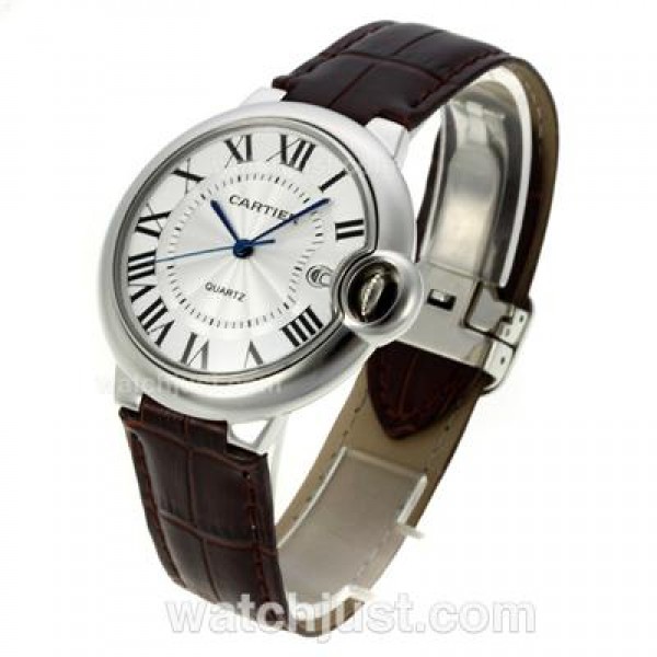 Cartier Ballon bleu de Cartier Roman Markers with White Dial-Brown Leather Strap