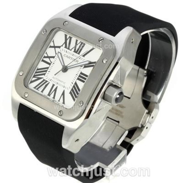Cartier Santos 100 Swiss ETA 2836 Movement with White Dial-Black Rubber Strap