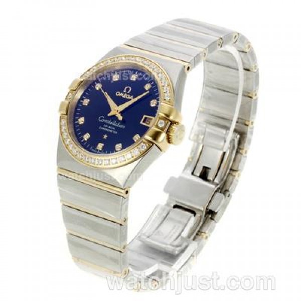 Omega Constellation Automatic Two Tone Diamond Bezel/Markers with Black Dial-18K Plated Gold Movement