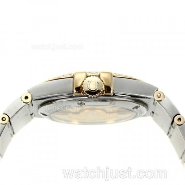 Omega Constellation Automatic Two Tone Diamond Bezel/Markers with Black Dial-18K Plated Gold Movement