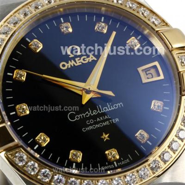 Omega Constellation Automatic Two Tone Diamond Bezel/Markers with Black Dial-18K Plated Gold Movement