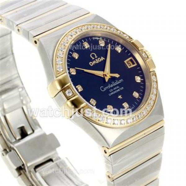 Omega Constellation Automatic Two Tone Diamond Bezel/Markers with Black Dial-18K Plated Gold Movement