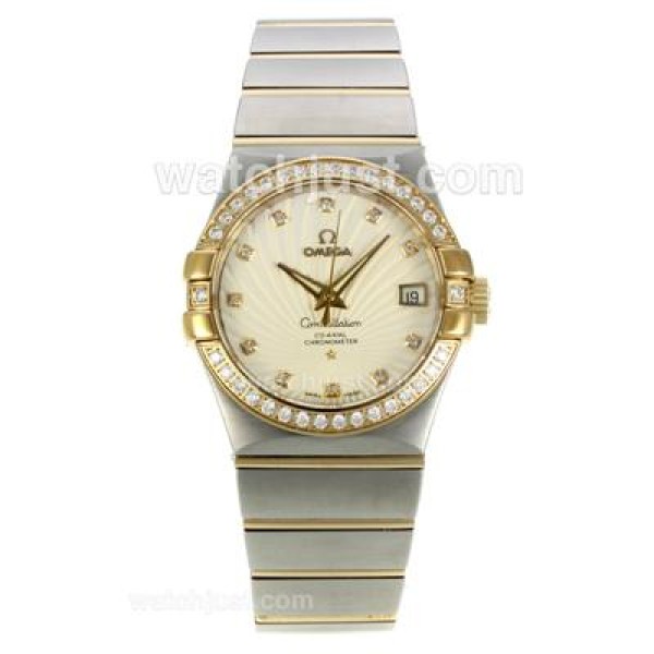 Omega Constellation Automatic Two Tone Diamond Bezel/Markers with White Dial-18K Plated Gold Movement