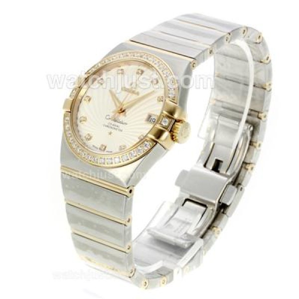 Omega Constellation Automatic Two Tone Diamond Bezel/Markers with White Dial-18K Plated Gold Movement