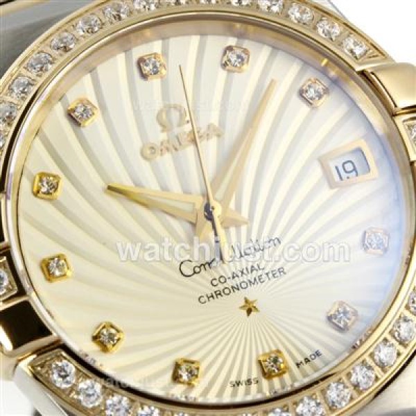 Omega Constellation Automatic Two Tone Diamond Bezel/Markers with White Dial-18K Plated Gold Movement