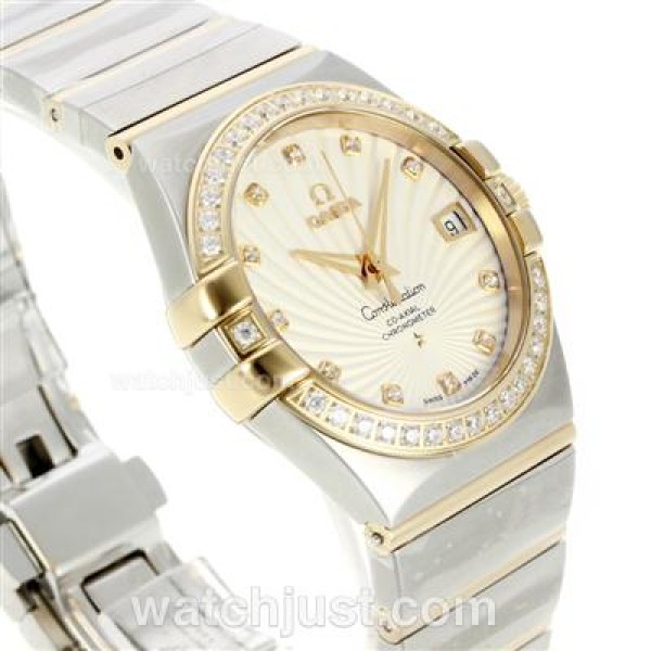 Omega Constellation Automatic Two Tone Diamond Bezel/Markers with White Dial-18K Plated Gold Movement