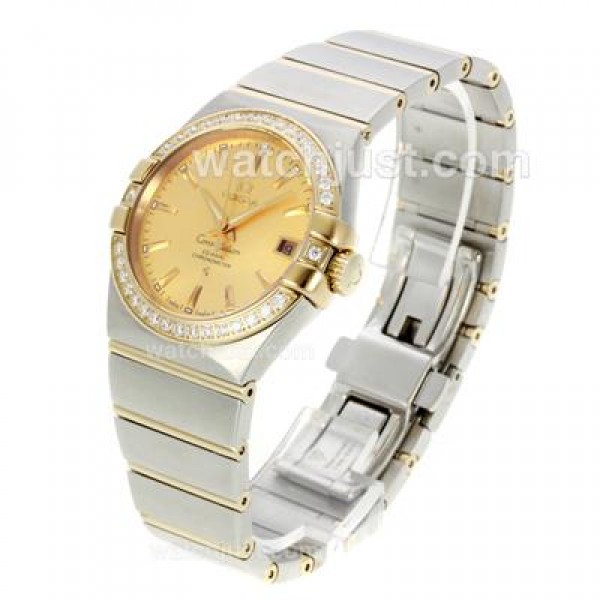 Omega Constellation Automatic Two Tone Diamond Bezel with Golden Dial-18K Plated Gold Movement
