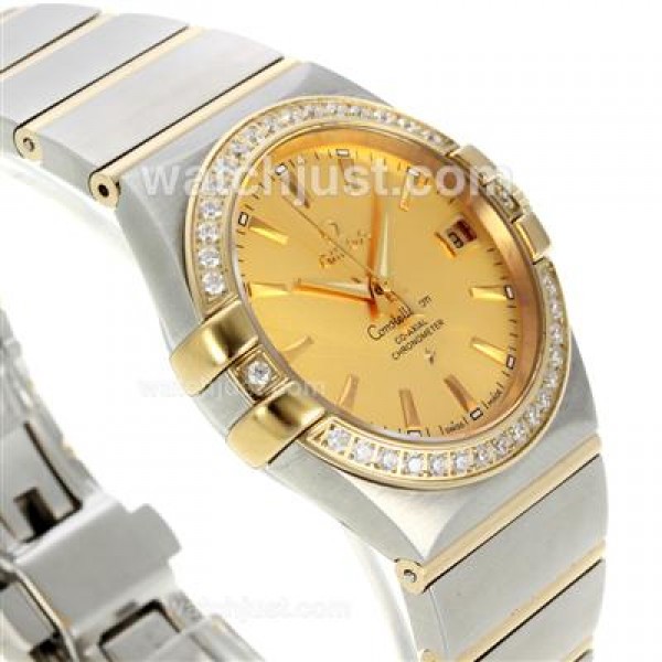Omega Constellation Automatic Two Tone Diamond Bezel with Golden Dial-18K Plated Gold Movement