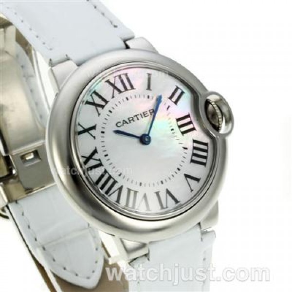Cartier Ballon bleu de Cartier with MOP Dial-White Leather Strap-Sapphire Glass