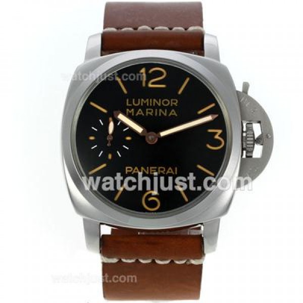 Panerai Luminor Marina Unitas 6497 Movement Swan Neck with Black Dial Orange Markers-Brown Leather Strap