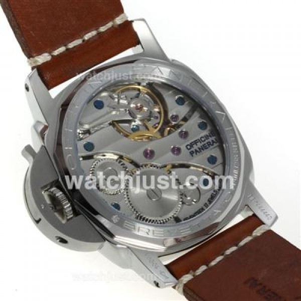Panerai Luminor Marina Unitas 6497 Movement Swan Neck with Black Dial Orange Markers-Brown Leather Strap