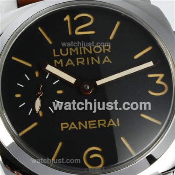 Panerai Luminor Marina Unitas 6497 Movement Swan Neck with Black Dial Orange Markers-Brown Leather Strap