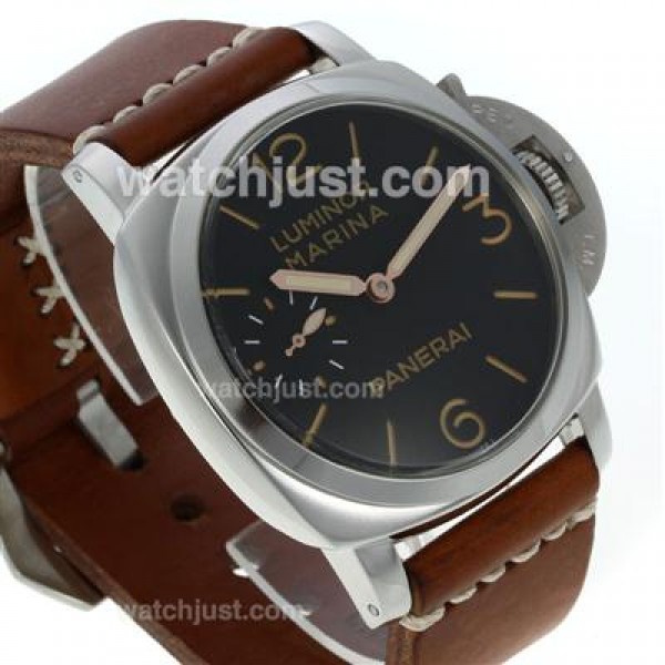 Panerai Luminor Marina Unitas 6497 Movement Swan Neck with Black Dial Orange Markers-Brown Leather Strap