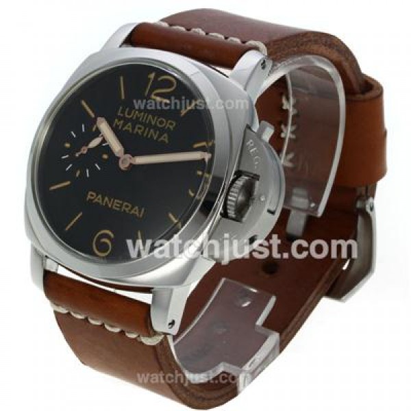 Panerai Luminor Marina Unitas 6497 Movement Swan Neck with Black Dial Orange Markers-Brown Leather Strap