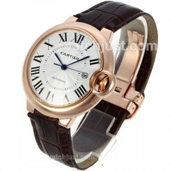 Cartier Ballon bleu de Cartier Automatic Rose Gold Case with Whie Dial-Brown Leather Strap