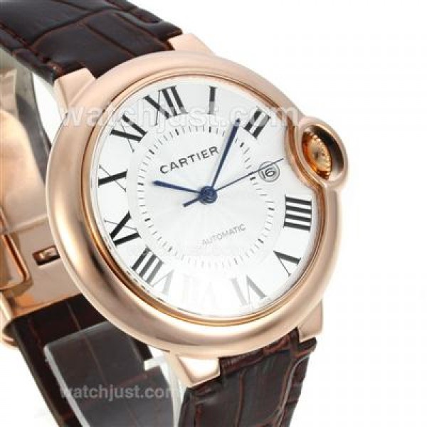 Cartier Ballon bleu de Cartier Automatic Rose Gold Case with Whie Dial-Brown Leather Strap