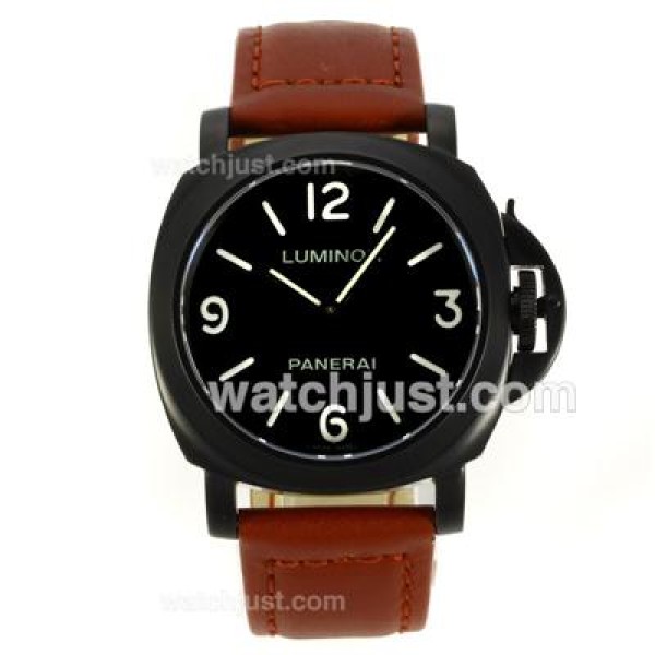 Panerai Luminor Swiss ETA Unitas 6497 Movement PVD Case with Black Dial-Brown Leather Strap