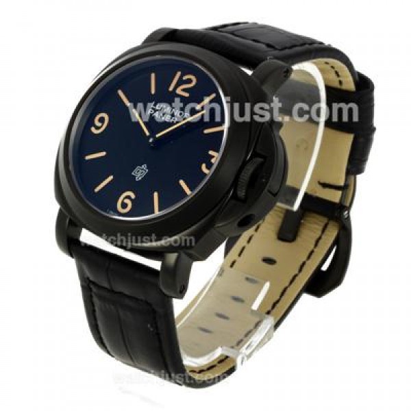 Panerai Luminor OP Logo Swiss ETA Unitas 6497 Movement PVD Case with Black Dial-Leather Strap