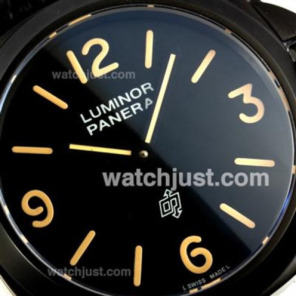 Panerai Luminor OP Logo Swiss ETA Unitas 6497 Movement PVD Case with Black Dial-Leather Strap