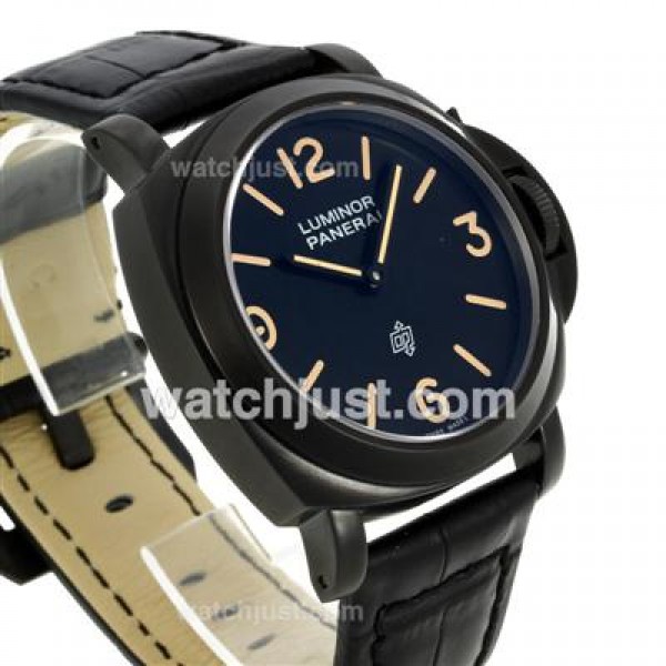 Panerai Luminor OP Logo Swiss ETA Unitas 6497 Movement PVD Case with Black Dial-Leather Strap