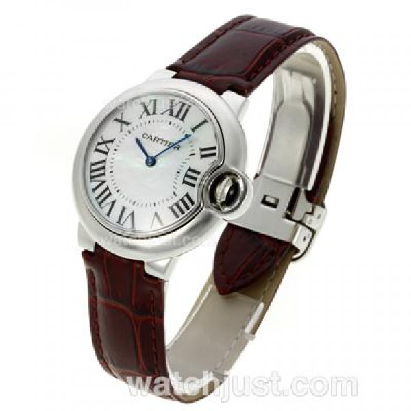 Cartier Ballon bleu de Cartier with MOP Dial-Brown Leather Strap-Medium Size