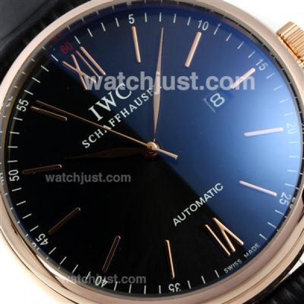 IWC Portofino Automatic Rose Gold Case with Black Dial-Leather Strap