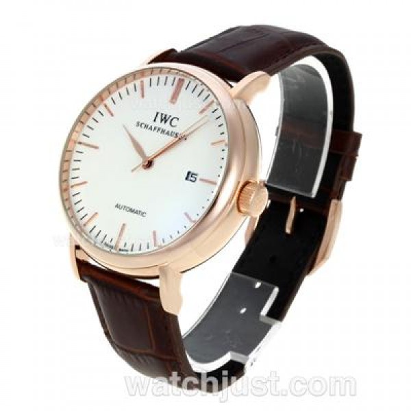 IWC Classic Automatic Stick Markers Rose Gold Case with White Dial-Leather Strap