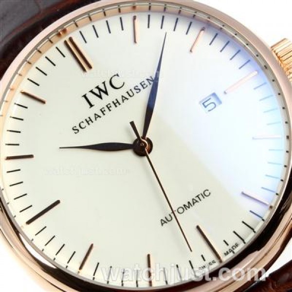 IWC Classic Automatic Stick Markers Rose Gold Case with White Dial-Leather Strap