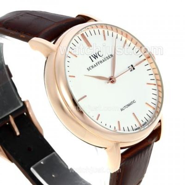 IWC Classic Automatic Stick Markers Rose Gold Case with White Dial-Leather Strap