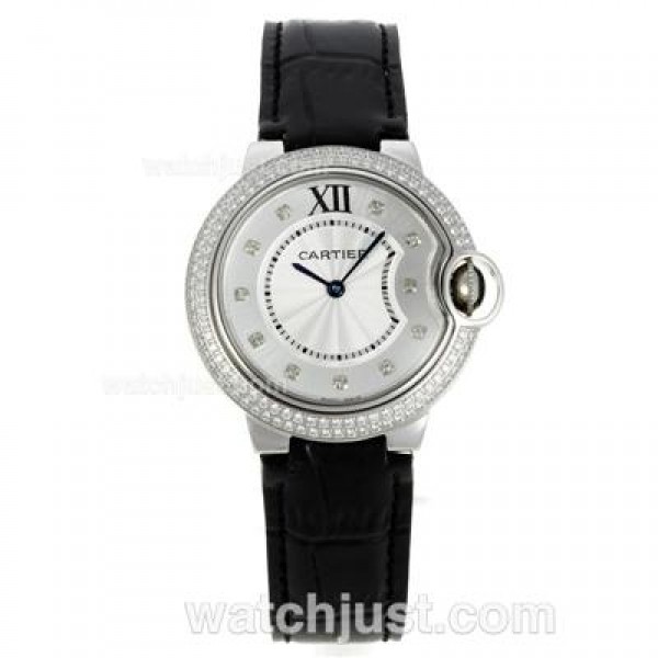 Cartier bleu de Cartier Diamond Bezel and Markers with White Dial Leather Strap-Lady Size