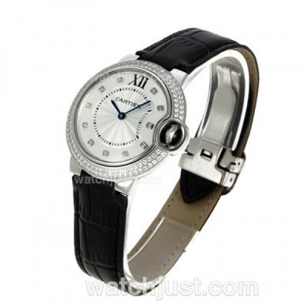 Cartier bleu de Cartier Diamond Bezel and Markers with White Dial Leather Strap-Lady Size