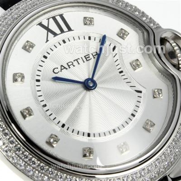Cartier bleu de Cartier Diamond Bezel and Markers with White Dial Leather Strap-Lady Size