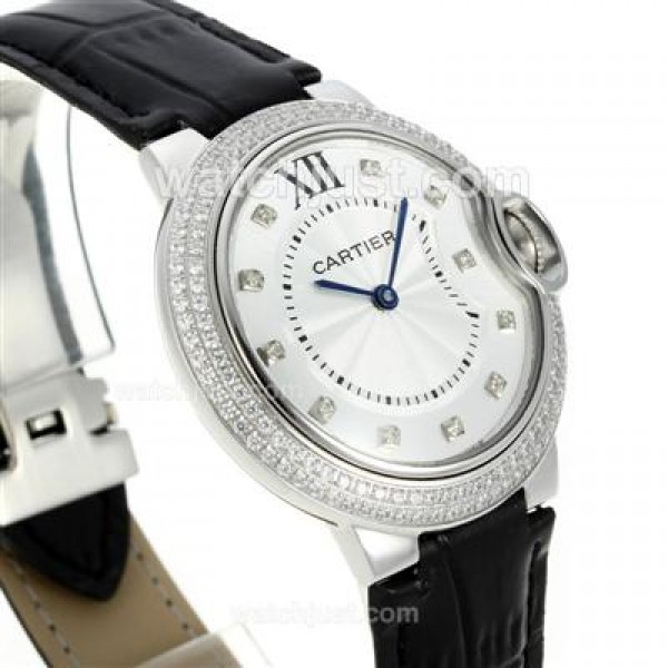 Cartier bleu de Cartier Diamond Bezel and Markers with White Dial Leather Strap-Lady Size