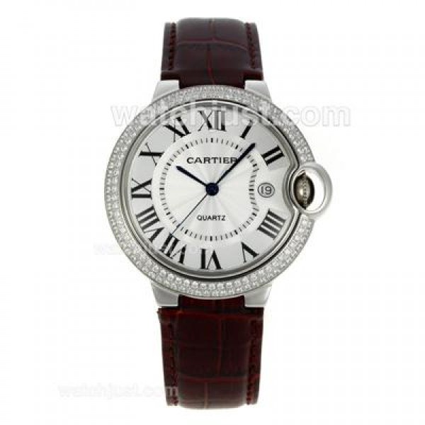 Cartier Ballon bleu de Cartier Roman Marker Diamond Bezel with White Dial-Leather Strap