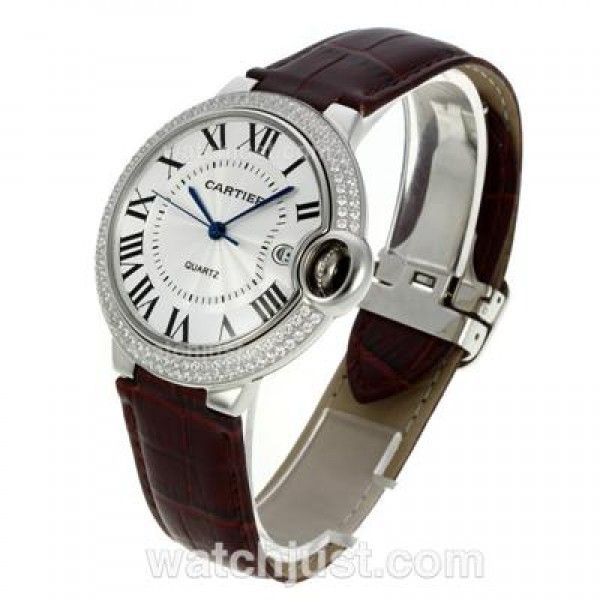 Cartier Ballon bleu de Cartier Roman Marker Diamond Bezel with White Dial-Leather Strap