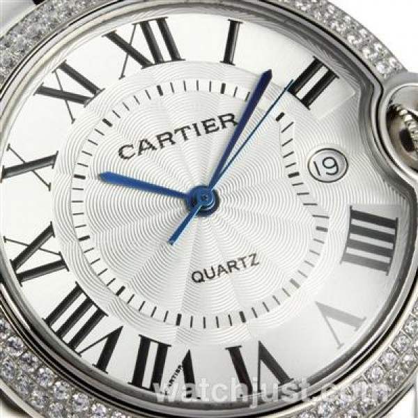 Cartier Ballon bleu de Cartier Roman Marker Diamond Bezel with White Dial-Leather Strap
