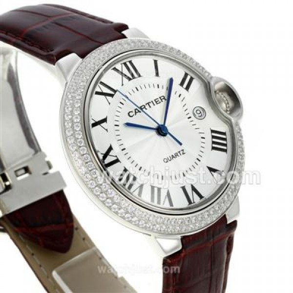 Cartier Ballon bleu de Cartier Roman Marker Diamond Bezel with White Dial-Leather Strap