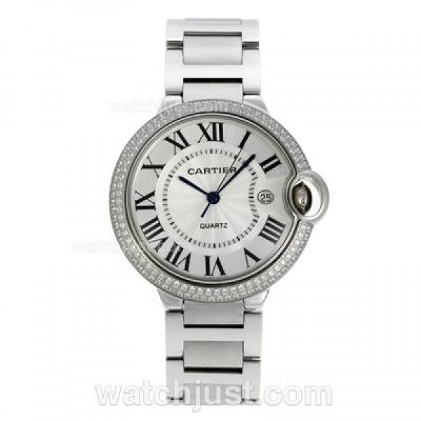Cartier Ballon bleu de Cartier Roman Marker Diamond Bezel with White Dial S/S