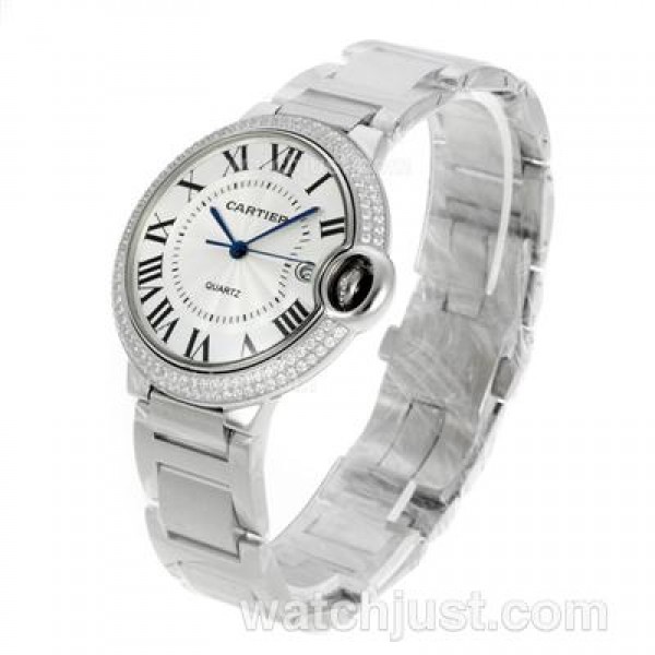 Cartier Ballon bleu de Cartier Roman Marker Diamond Bezel with White Dial S/S