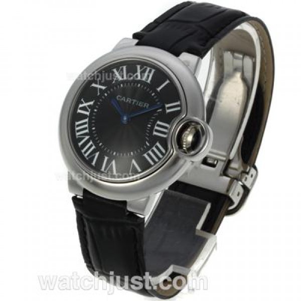 Cartier Ballon bleu de Cartier Roman Markers with Black Dial-Leather Strap-Medium Size