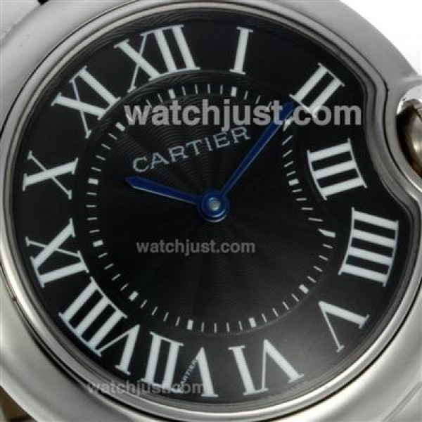 Cartier Ballon bleu de Cartier Roman Markers with Black Dial-Leather Strap-Medium Size