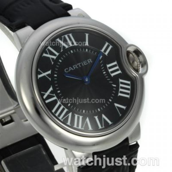 Cartier Ballon bleu de Cartier Roman Markers with Black Dial-Leather Strap-Medium Size