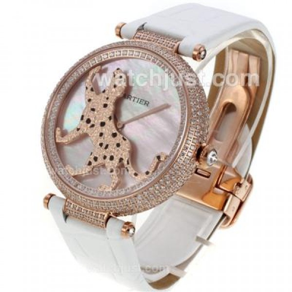 Cartier Panthere de Cartier Rose Gold Case Full Diamond Bezel with Pink MOP Dial-Leather Strap
