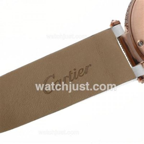 Cartier Panthere de Cartier Rose Gold Case Full Diamond Bezel with Pink MOP Dial-Leather Strap