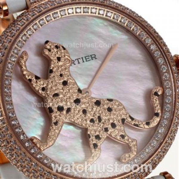 Cartier Panthere de Cartier Rose Gold Case Full Diamond Bezel with Pink MOP Dial-Leather Strap